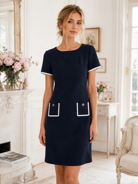 Tommy Hilfiger Dresses & Skirts - Tommy Hilfiger Navy Shift Dress | Size 8 White Trim Gold Button Pockets